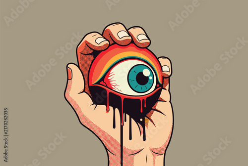Surreal pop art illustration of a human hand holding a large eyeball with a rainbow iris and black liquid dripping from it.