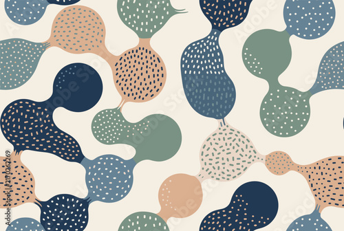 Modern abstract seamless pattern featuring organic interconnected blob shapes with various textures in blue, green and peach.