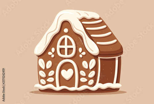 Charming gingerbread house decorated with elaborate white icing swirls, a heart on the door and snow on the roof against a tan background.