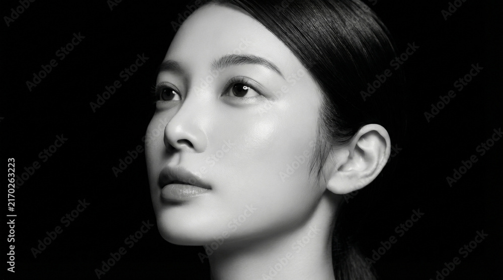 Fototapeta premium 遠くを見つめる澄んだ瞳が美しい日本人女性のモノクロの横顔