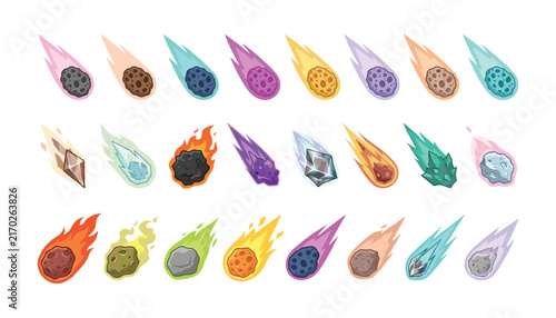 Cuadro en lienzo Cartoon Meteor and Asteroid Vector Illustration Set with Burning Comets Fireball