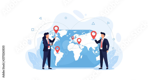 Business people planning global strategy with world map and location pins, conceptualizing logistics, travel, and international connections.