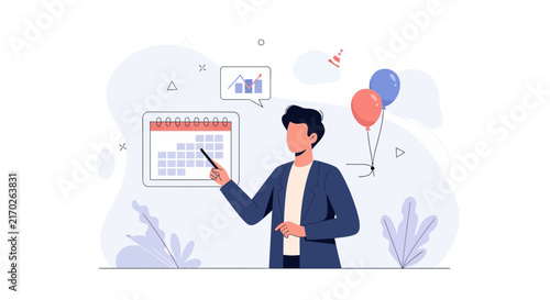 Business meeting organizer planning event with calendar and balloons, analyzing growth chart