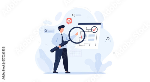 Business Analyst Examining Document with Magnifying Glass, Concept of Research, Analysis, and Verification