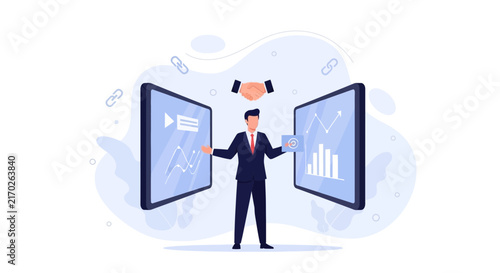 Business agreement and data analysis with digital screens and handshake, concept for partnership and growth