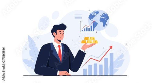 Businessman holding gold bars with global economic growth charts and world map