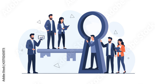 Business Team Unlocking Success with a Giant Key and Keyhole Illustration