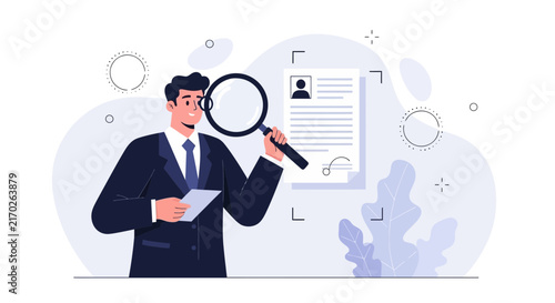 Businessman Examining Document with Magnifying Glass, HR Recruitment Concept