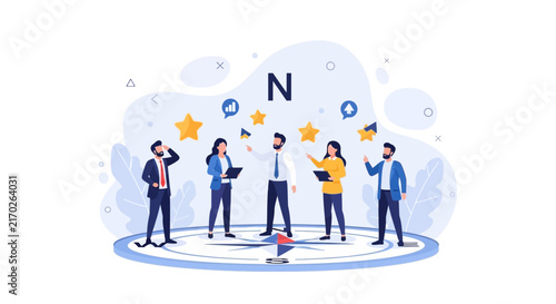 Business Team Navigating Towards Success with Compass and Stars