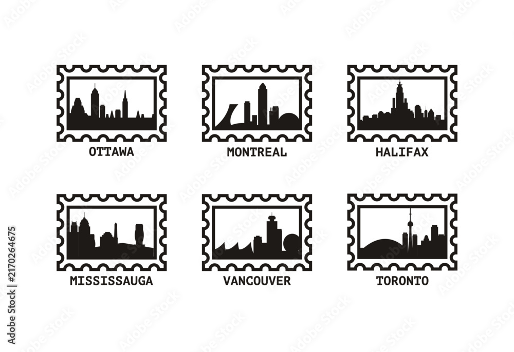 Fototapeta premium Set of Canada cities stamps with iconic skylines. Silhouettes of Ottawa, Montreal, Halifax, Mississauga, Vancouver, Toronto. Clip art, icon bundle for travel designs, postcards
