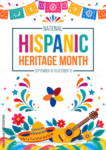 National Hispanic Heritage Month Celebration Poster with Mexican Sombrero, Guitar, Papel Picado and Floral Decorations