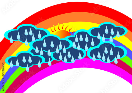Bright Rainbow with Sun Behind Rain Clouds Illustration on Transparent Background