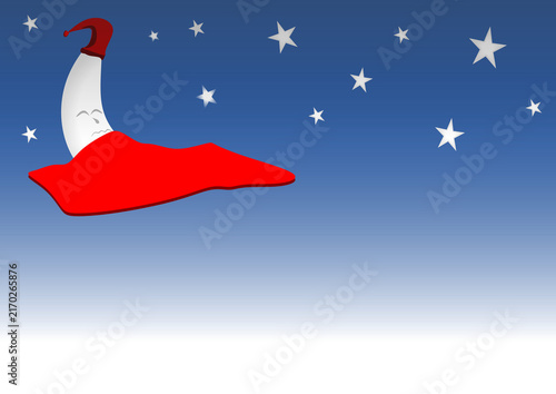 Cute Sleeping Moon Character with Red Blanket and Night Sky Stars with Transparent Bottom