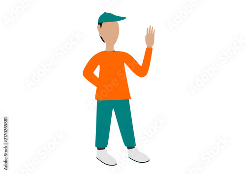Flat Illustration of Young Man Waving Hello and wearing a Cap