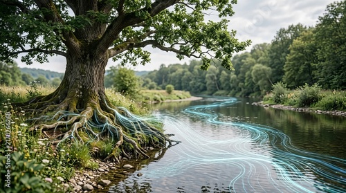Riverside Tree with Data Stream Roots