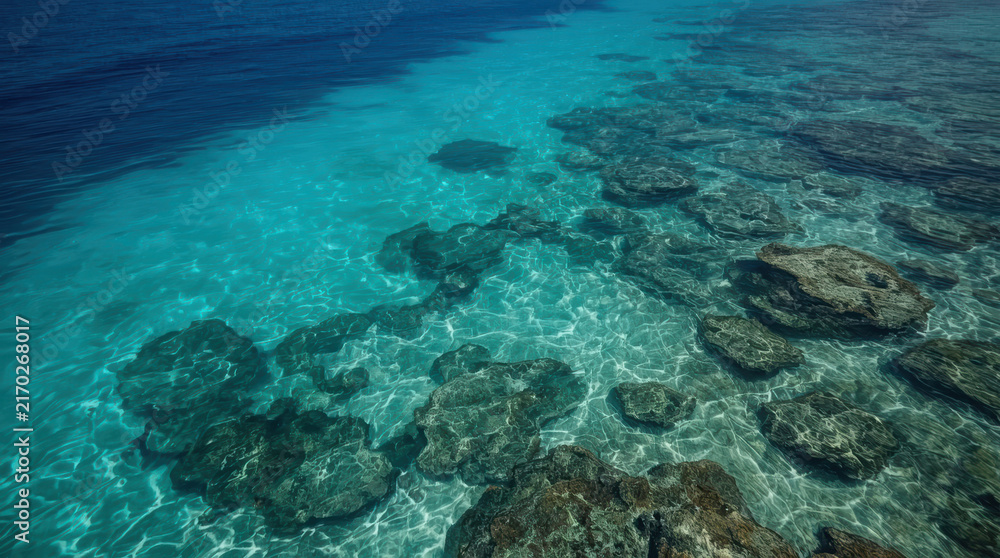 Fototapeta premium Aerial view of tropical reef beneath transparent turquoise water