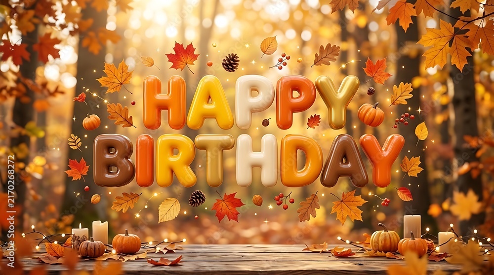 Obraz premium Happy birthday text with colorful autumn leaves in forest