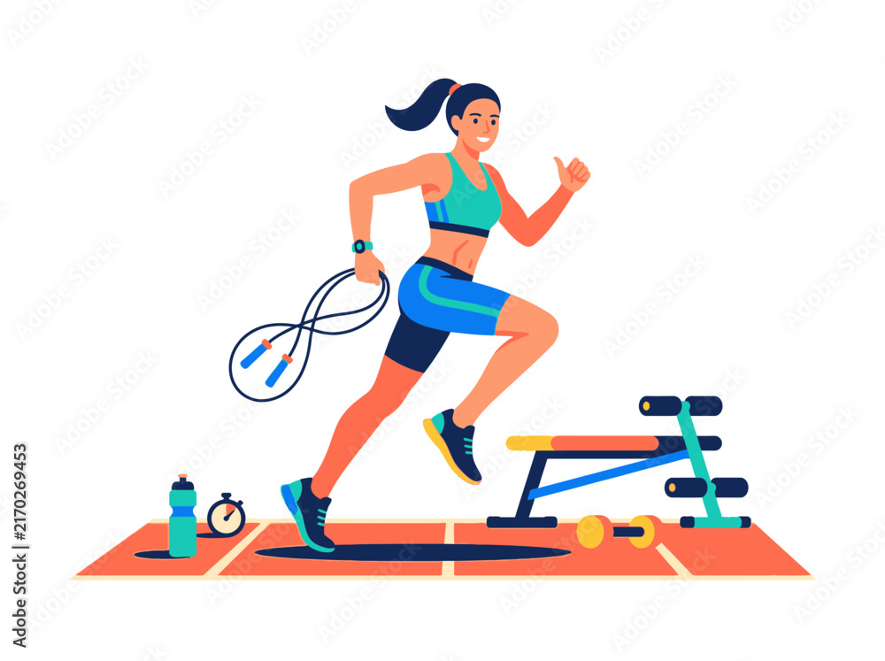 Naklejka premium Dynamic Fitness Woman Running With Jump Rope And Gymnastic Equipment