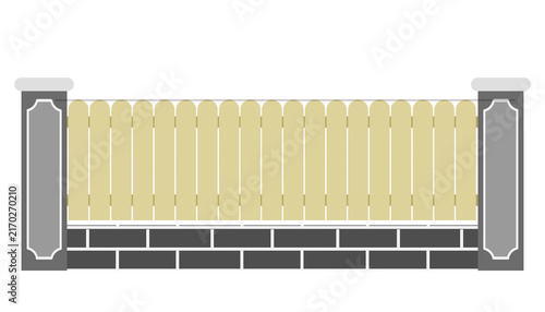 Wooden Picket Fence With Concrete Base And Pillars Decorative Residential Home Garden Barrier Illustration On Dark Background