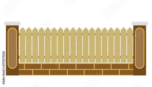 Brown Wooden Picket Fence With Brick Base And Pillars Architectural Garden Boundary Barrier Illustration On Dark Background