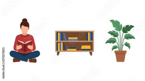A person reading a book next to a bookshelf and a potted plant, representing a cozy and intellectual home environment.