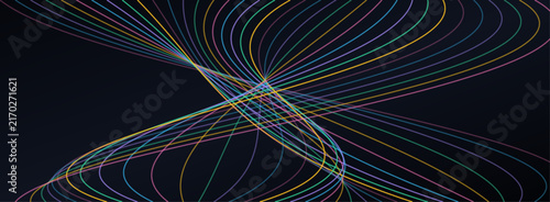 Abstract glowing hourglass particle lines curve background, futuristic data intersection node and quantum wave network concept