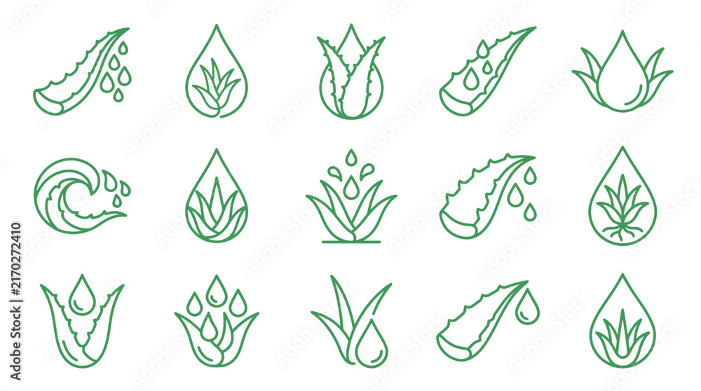 Fototapeta premium Collection of stylized green line art icons featuring aloe vera plants, water droplets, and waves, representing natural ingredients and hydration.