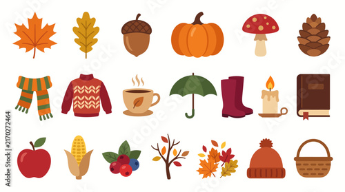 A colorful image of a fall scene with various items such as a chair, a book, a pumpkin, and a cup