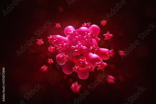 Red virus cells spreading on dark background
