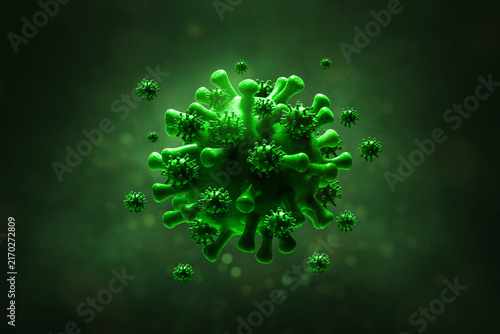 Green virus cells spreading on dark background