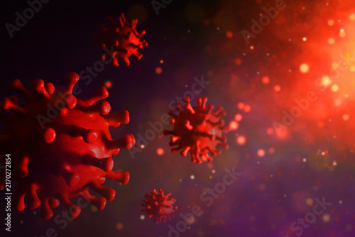 Red virus cells on dark smoke background