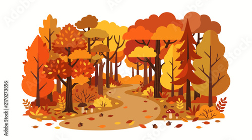 Autumn landscape with trees and path in flat style. Fall nature background. Vector illustration.