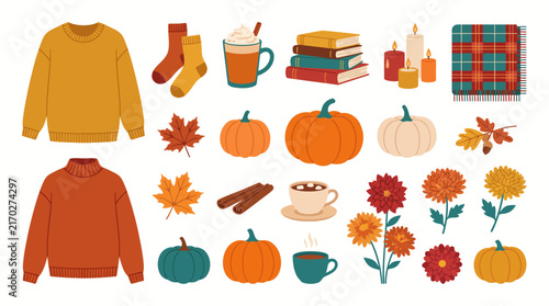 A colorful image of a fall scene with various items such as a chair, a book, a pumpkin, and a cup