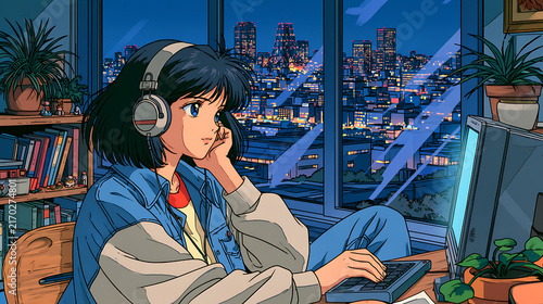 Young Anime Girl Listening to Music with Headphones While Working on Computer at Night with City Skyline View