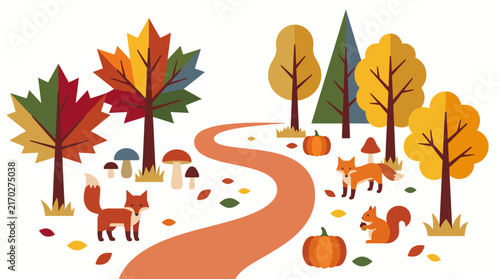 Autumn landscape with trees and path in flat style. Fall nature background. Vector illustration.