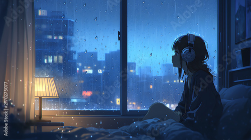 Melancholic Young Woman Listening to Music with Headphones by Window on Rainy Night in City Apartment Lo-Fi Aesthetic Style