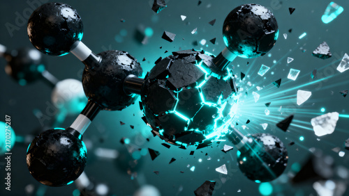 Abstract 3D molecular structure exploding with glowing cyan light and dark particles
