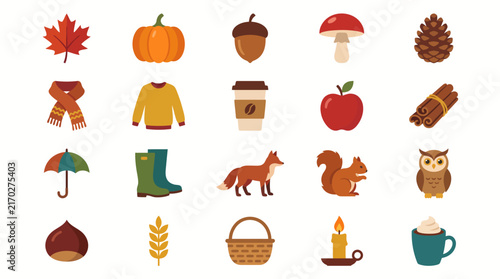 A colorful image of a fall scene with various items such as a chair, a book, a pumpkin, and a cup