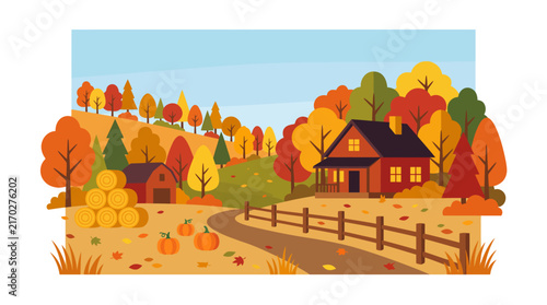 Autumn landscape with trees and path in flat style. Fall nature background. Vector illustration.