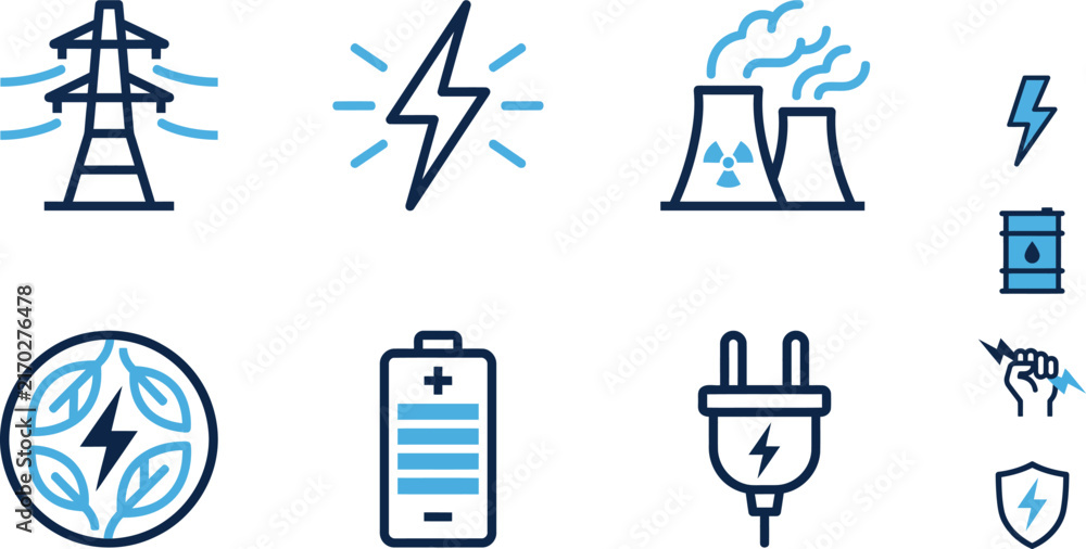 Fototapeta premium Industrial electricity and green energy power icons set with high voltage tower nuclear plant battery plug lightning bolt and bio fuel symbols isolated on white background vector illustration