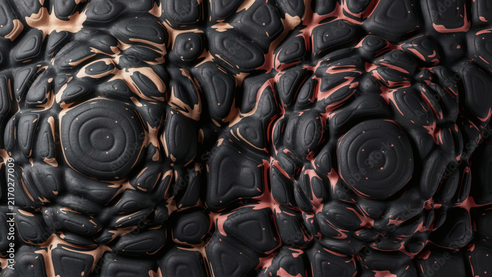 Obraz premium Abstract 3D Organic Pattern Featuring Dark Matte Spherical Protrusions with Vibrant Copper Glowing Crevices and Intricate Textural Details