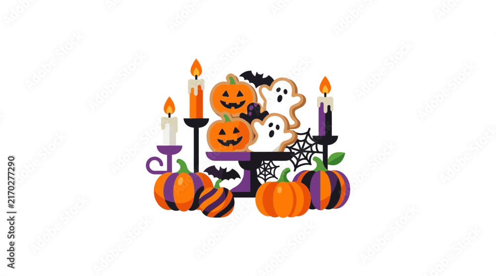 Fototapeta premium Halloween Celebration Elements with Pumpkins and Ghost Cookies