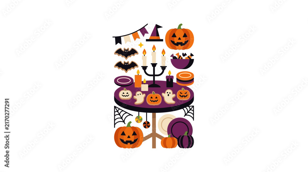 Fototapeta premium Halloween Party Table with Pumpkin Decor and Treats
