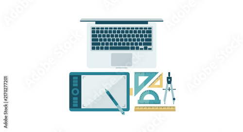 Flat Vector Illustration of Laptop Graphics Tablet and Tools