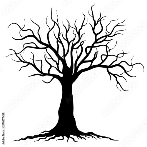Black creepy bare tree silhouette on white background