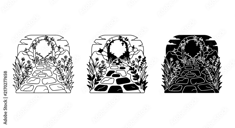 Obraz premium Enchanting Garden Archway Vector Set, Whimsical Floral Pathway Illustrations, Romantic Stone Entrance Graphics