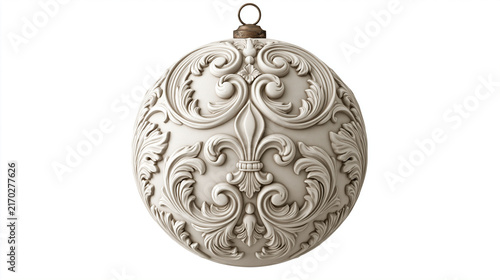 Ornate White Christmas Ornament: A beautifully detailed white Christmas ornament, intricately carved with classical scrollwork and a central fleur-de-lis motif, ready to adorn a festive tree.