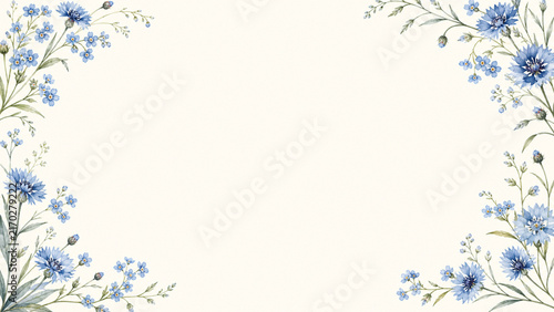 Blue Wildflower Watercolor Botanical Frame with Spacious Copy Space