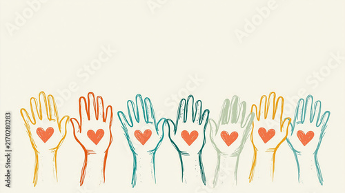 Hands Holding Hearts: A vibrant illustration showcasing a diverse collection of hands, each extended upwards with an open palm, symbolizing support, care, and unity.
