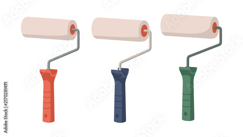 Three paint rollers with different colored handles on a white background.